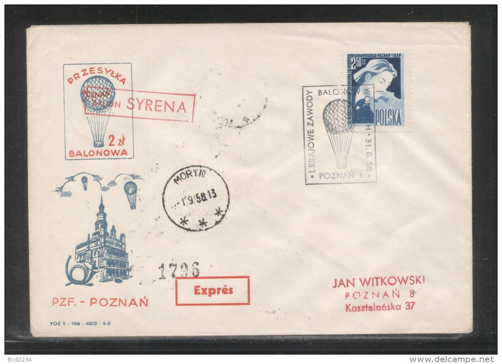 POLAND 1958 1ST FREE FLIGHT OVER THE TOWN OF POZNAN SYRENA FLOWN BALLOON COVER MORYN BALLOONS - Ballons