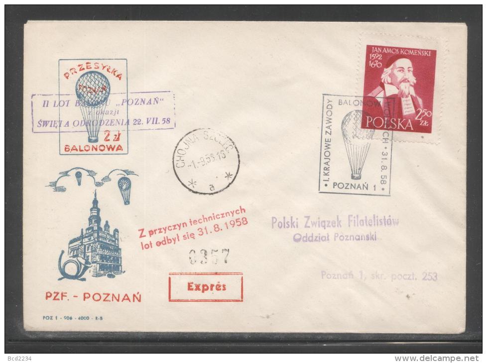 POLAND 1958 2ND FREE FLIGHT OVER THE TOWN OF POZNAN POZNAN FLOWN BALLOON COVER CHOJNOWA SZCZECINSKA BALLOONS - Ballonpost