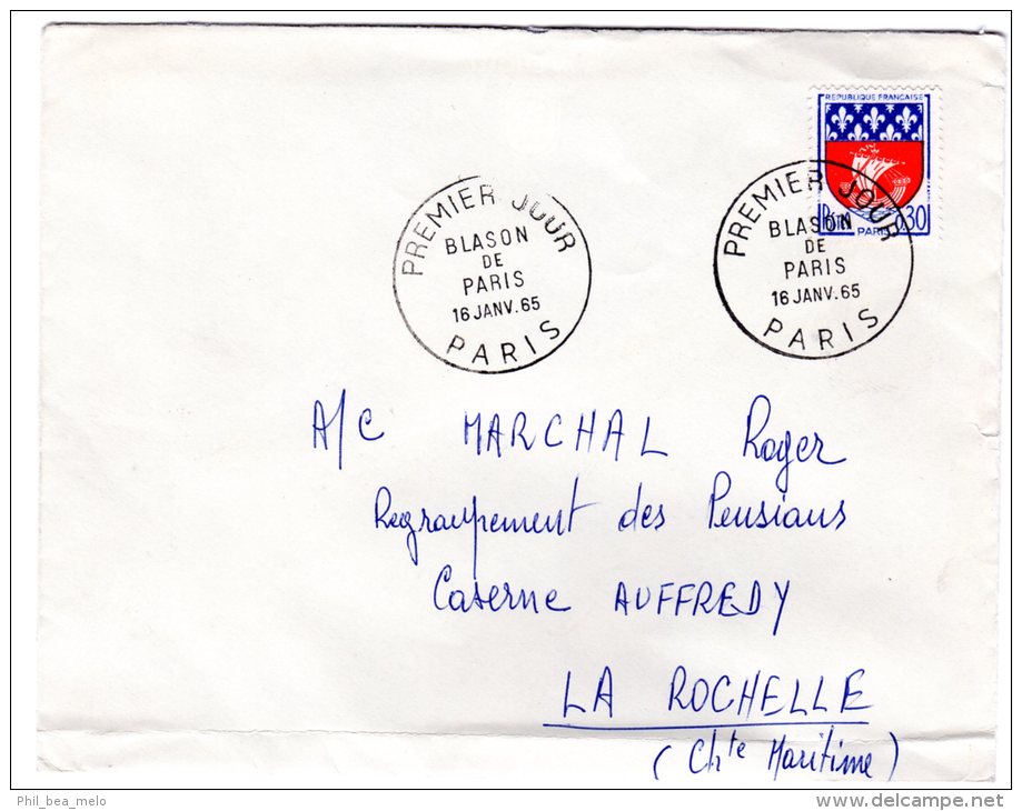 TIMBRE - FRANCE - BLASON DE PARIS - ENVELOPPE 1er JOUR 16 JANV 1965 - ADRESSE INSCRITE - BON ETAT - Lettres & Documents