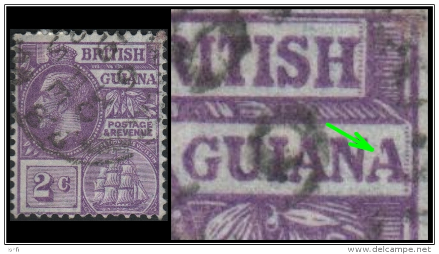 British Guiana (King George-V) 2c. (Sc # 193) Rare Error: Alphabet "A" Broken In Text "GUIANA" - Plate Error (Used) - Guyane Britannique (...-1966)