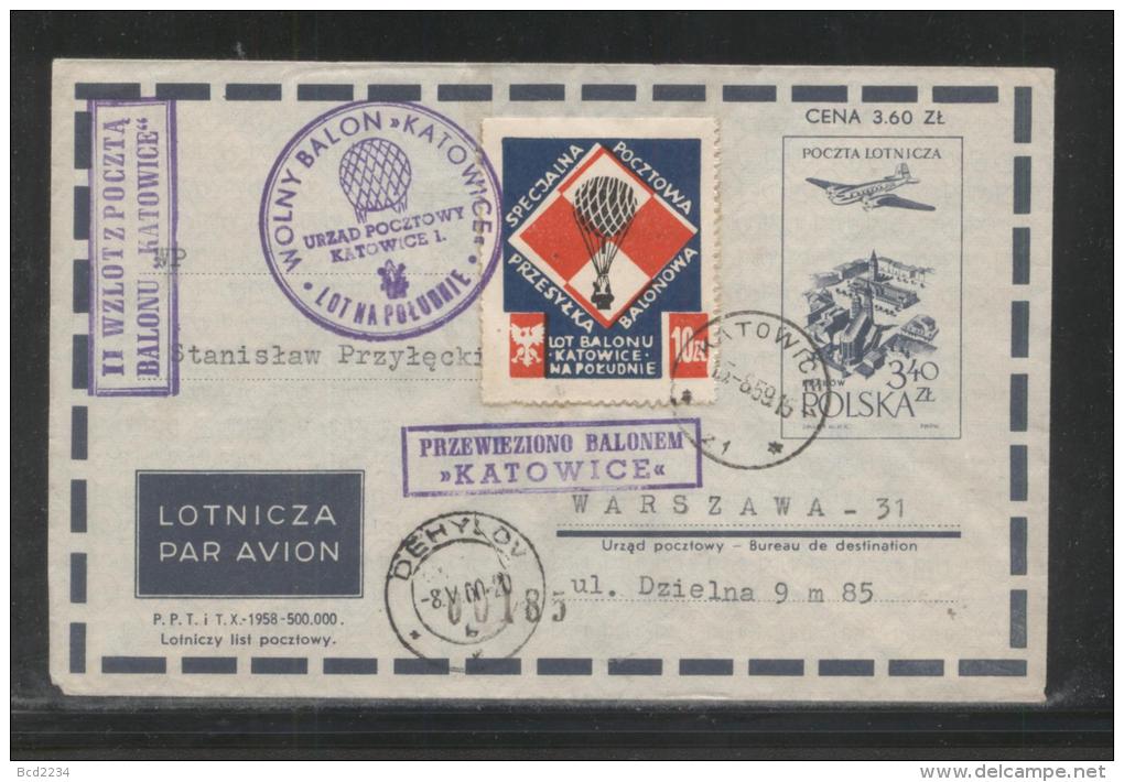 POLAND 1960 BALLOON POST FLOWN COVER KATOWICE BALLOON 2ND POSTAL FLIGHT BALLOONS - Balloons