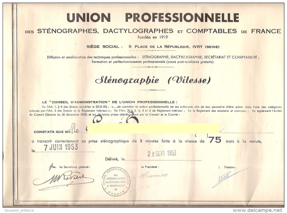 Diplome Sténographe Dactylographe Ivry 5 Place De La République 1953 Vitesse Populaire 94 Val De Marne - Diplomas Y Calificaciones Escolares