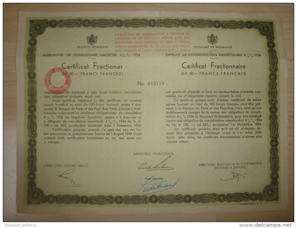 Certificat  Fractionnaire Ropyaume De Roumanie 50 Francs 1934 - Banque & Assurance