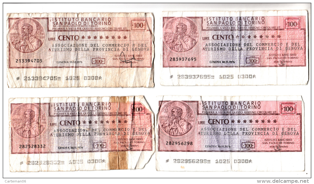4 Billets Chèques - Italie - 100 Lire - Instituto Bancario San Paolo Di Torino - 1975 Et 1976 - [10] Chèques