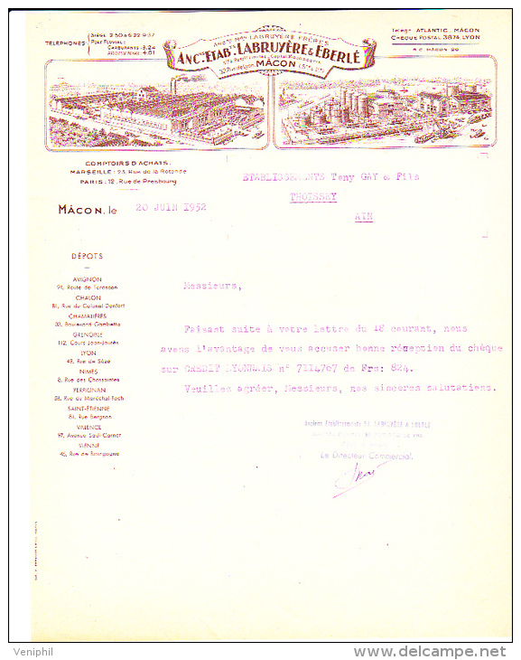 LETTRE FACTURE ILLUSTREE ANC. ETAB. LABRUYERE ET EBERLE -71 - MACON -1952 - 1950 - ...