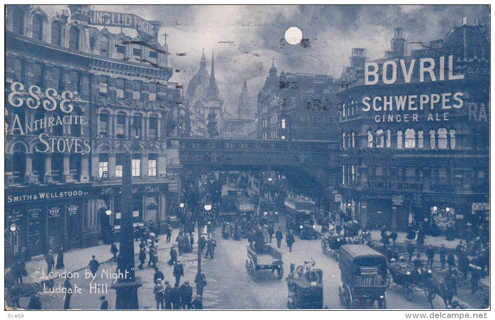 London By Night;  Ludgate Hill;  Verschillende Soorten Vervoermiddelen!  1920 - Trucks, Vans &  Lorries