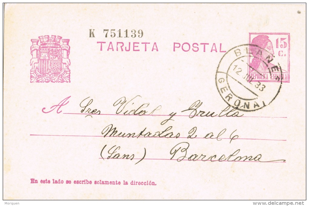 5419. Entero Postal BLANES (Gerona) 1933. Republica. VARIEDAD - 1931-....
