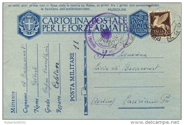Regno D´Italia 24/3/1943 Cartolina Postale Franchigia + 50 Cent. Posta Aerea Da Posta Militare 215 (Intendenza Tunisia) - WW2
