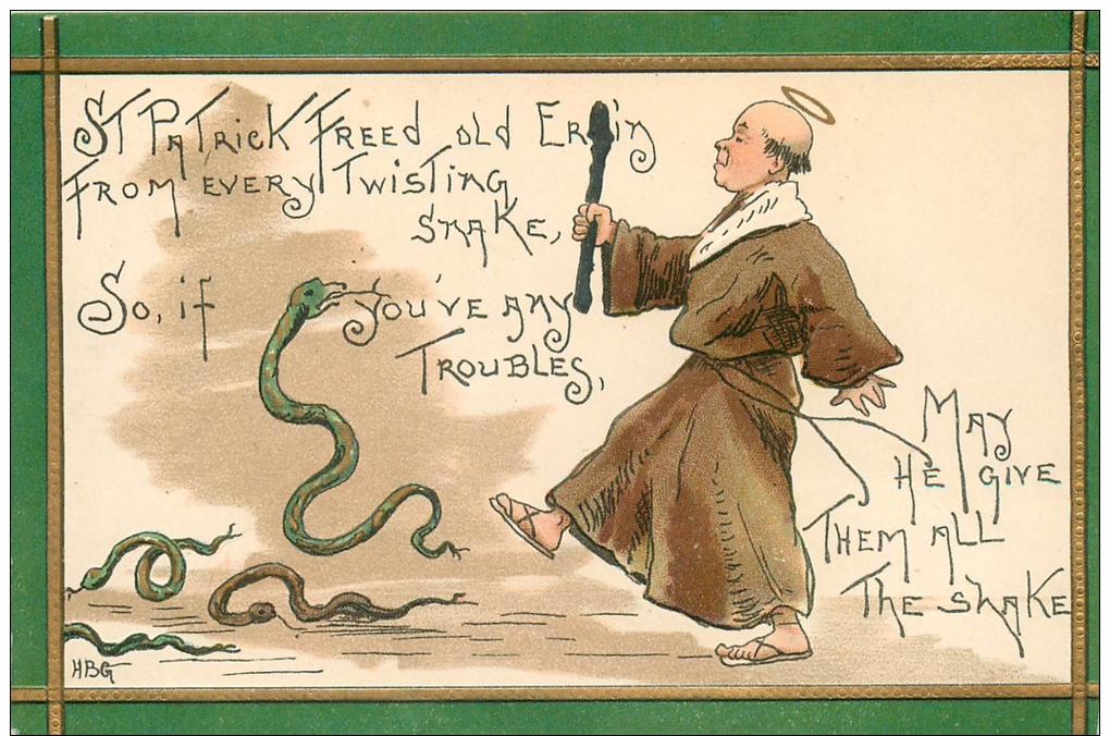 ST. PATRICK´S DAY - ARTIST SIGNED, H.B. GRIGGS - MONK WITH HALO, CHARMS SNAKES - EMBOSSED V/F VINTAGE ORIGINAL POSTCARD - Saint-Patrick's Day