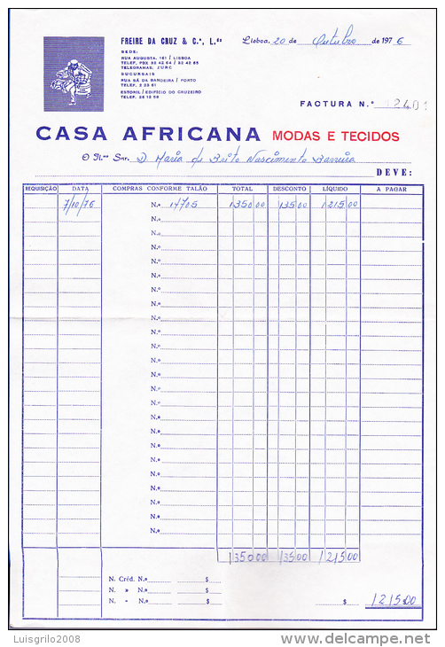 CASA AFRICANA, MODAS E TECIDOS . LISBOA -- FACTURA Nº 12401 - 20 DE OUTUBRO DE 1976 - Portugal