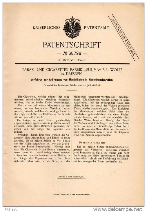 Original Patentschrift - Tabak -und Cigarettenfabrik SULIMA In Dresden ,1886 , Cigaretten - Mundstücke , Cigarette !!! - Sigarettenhouders