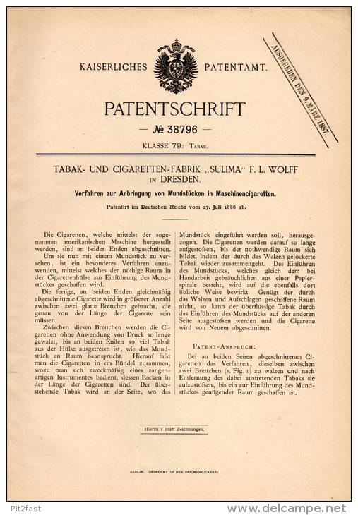 Original Patentschrift - Tabak -und Cigarettenfabrik SULIMA In Dresden ,1886 , Cigaretten - Mundstücke , Cigarette !!! - Cigarette Holders