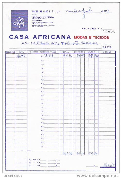 CASA AFRICANA, MODAS E TECIDOS . LISBOA -- FACTURA Nº 13450 - 20.JUNHO.1977 - Portogallo