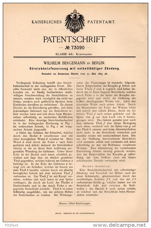 Original Patentschrift - W. Bergemann In Berlin , 1893 , Streichholz - Feuerzeug , Streichhölzer , Zündhölzer !!! - Documentos
