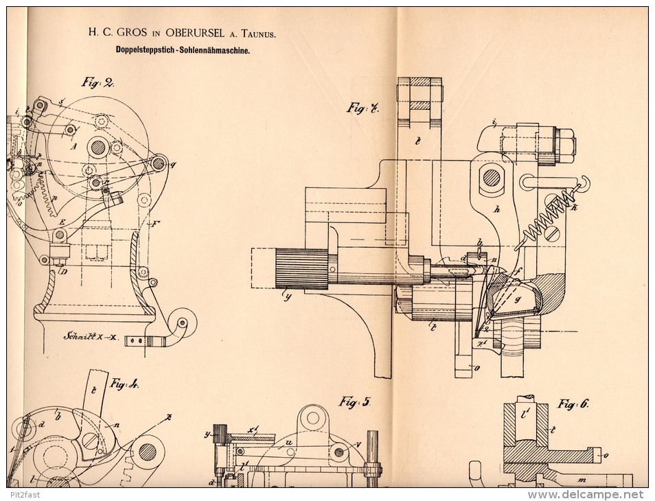 Original Patentschrift - H.C. Gros In Oberursel / Taunus , 1893 , Sohlen - Nähmaschine , Schuster , Näherei , Schuhe !!! - Maschinen