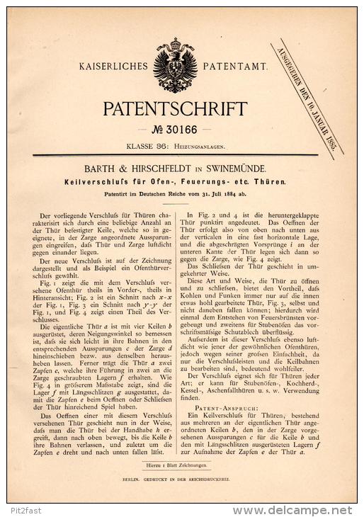 Original Patentschrift - Barth & Hirschfeldt In Swinemünde / &#346;winouj&#347;cie , 1884 , Heizung , Ofen , Tür , Feuer - Historische Dokumente