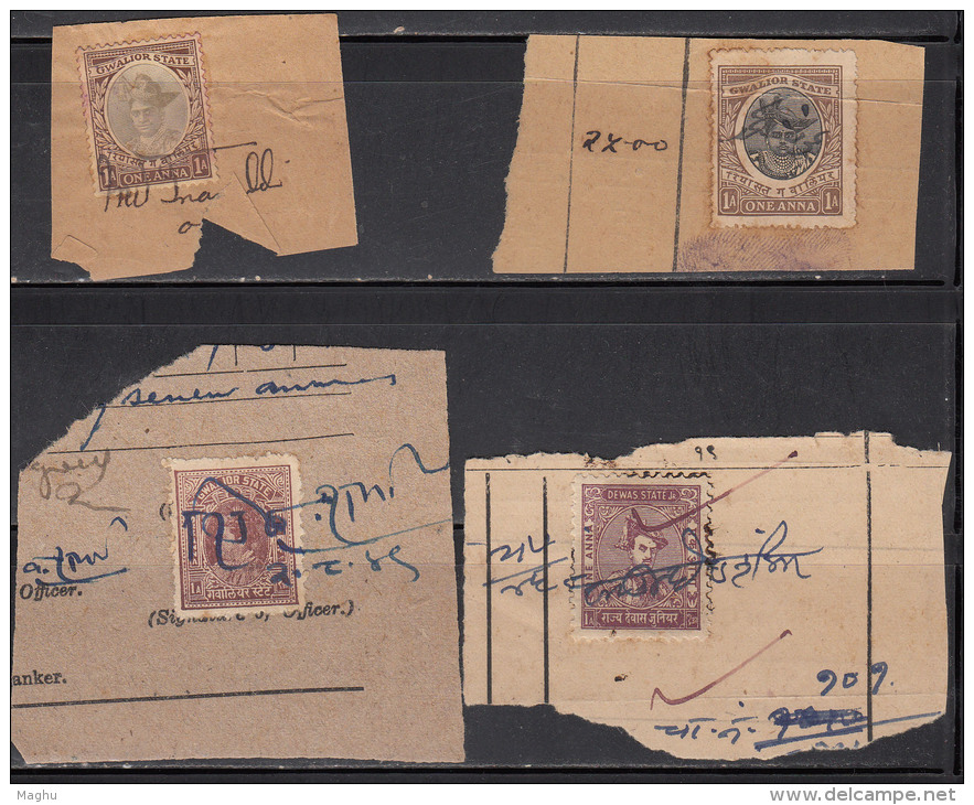 4 Different Gwalior Adhesive Fiscal / Revenue Used On Piece, British India - Gwalior