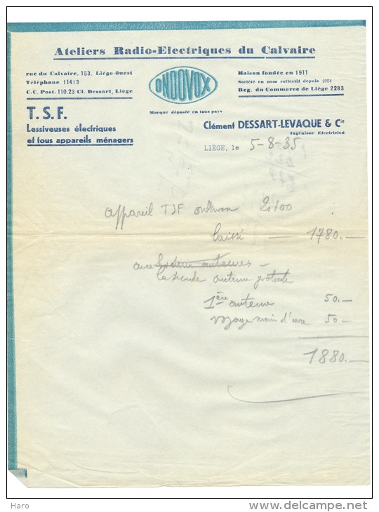 Lettre à Entête "ONDOVOX" Liège 1935 - TSF, Radio,...(xh) - 1900 – 1949