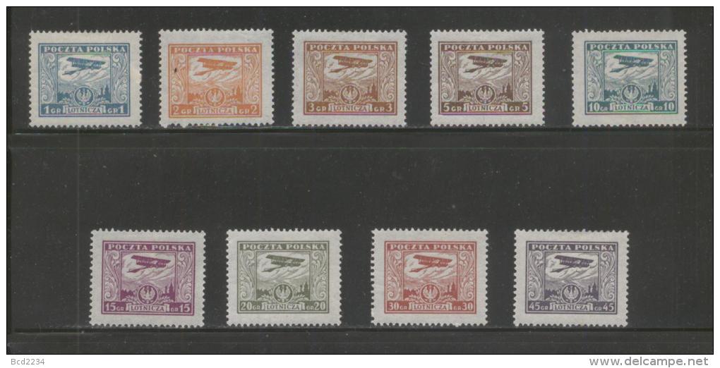 POLAND 1925 AIRMAIL ISSUE SET OF 9 HINGED MINT PLANES AIRPLANES - Unused Stamps