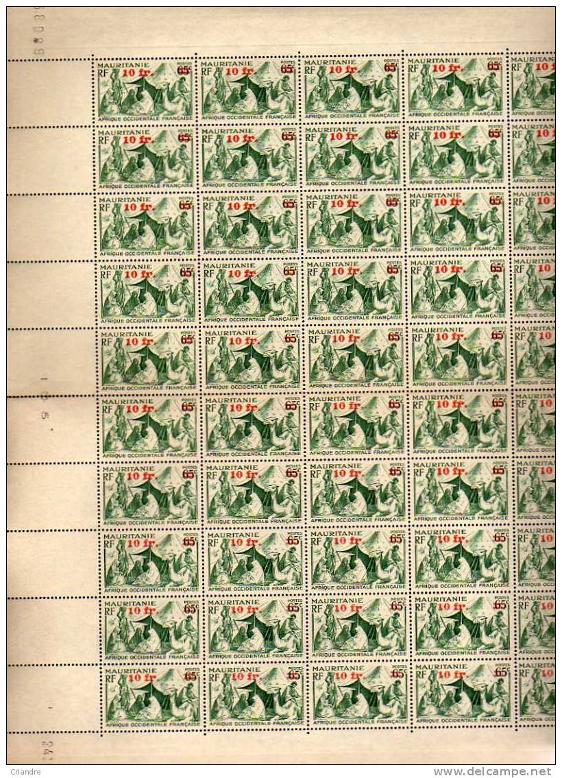 MAURITANIE TIMBRES TYPE "NOMADES" DE 1938-39 SURCHARGES (10fr Sur 65c Vert) Feuille De 50 Timbres. - Autres & Non Classés