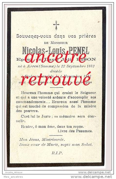 En 1913  Arren (80) Et Godewaerswelde (59) Nicolas Louis PENEL époux Julie FISON - Décès