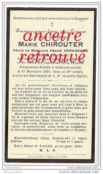 En 1931- Godewaerswelde Membre Du Tiers Ordre-Marie CHIROUTER  épouse Désiré VERHAEGUE-confréries De La Paroisse - Décès