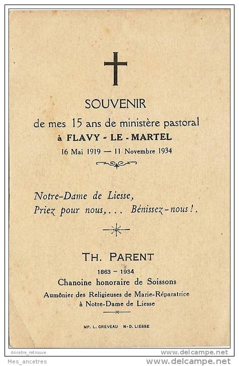 PARENT Th. -1863-1934- Chanoine Honoraire De Soissons-Flavy Le Martel-Image De Décès Identifiée - Décès