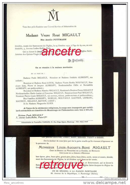 Avis De Décès Louis MIGAULT, Ministère De La Guerre-chevalier Légion D'honneur Et Amélie PUTTMANN-1916 Et 1933 - Overlijden