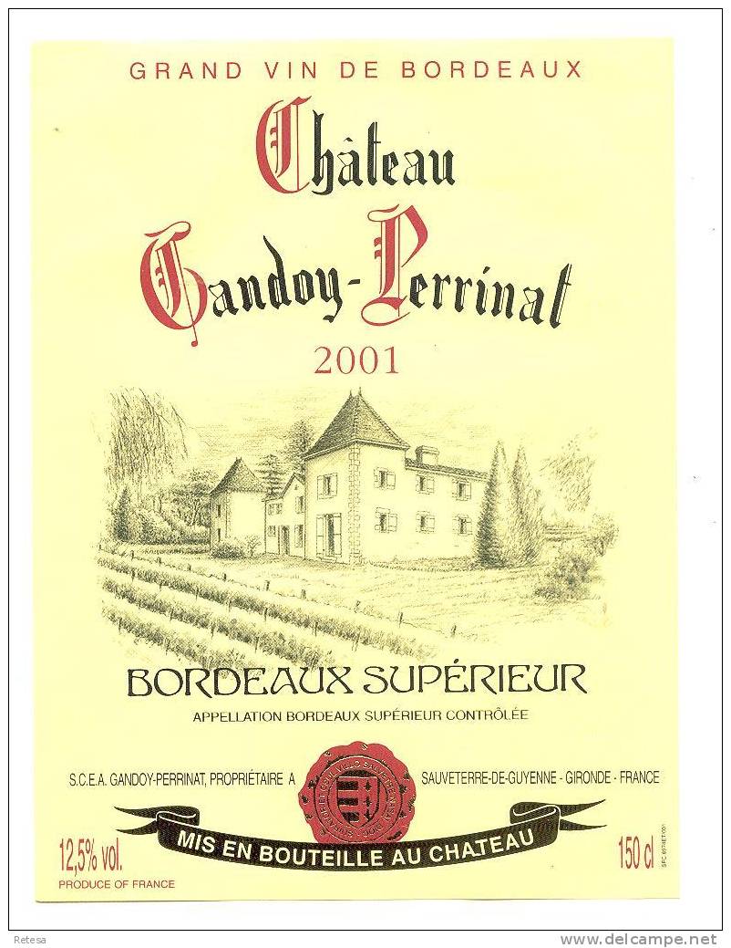 CHATEAU GANDOY - PERRINAT  BORDEAUX  SUPERIEUR  2001 MAGNUM  ETIKET - Rouges