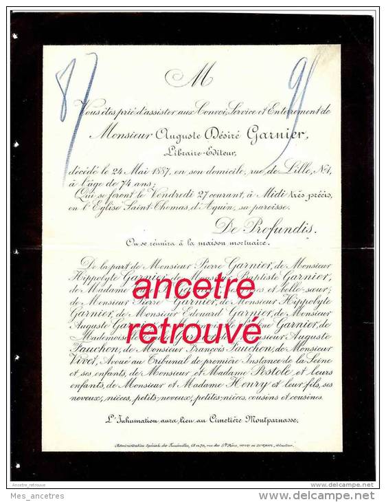 Avis De Décès Auguste Désiré GARNIER Libraire éditeur Célèbre-1887 Cimetière Montparnasse-familles FAUCHON-VIVET-POSTOLE - Obituary Notices