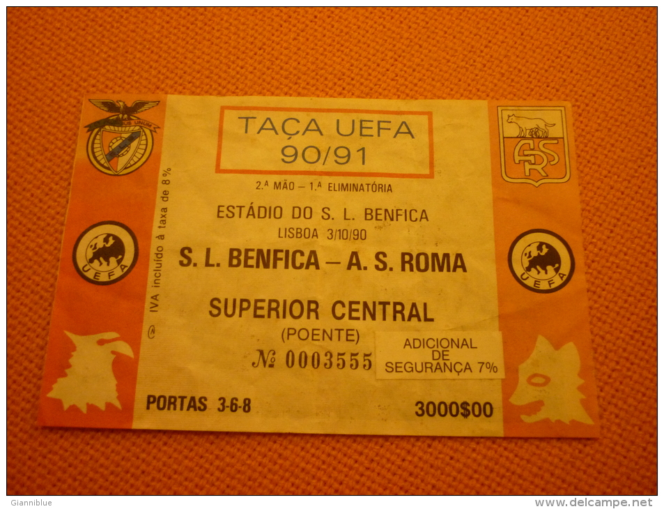 Benfica-AS Roma UEFA Cup Football Match Ticket Stub 3/10/1990 - Tickets D'entrée