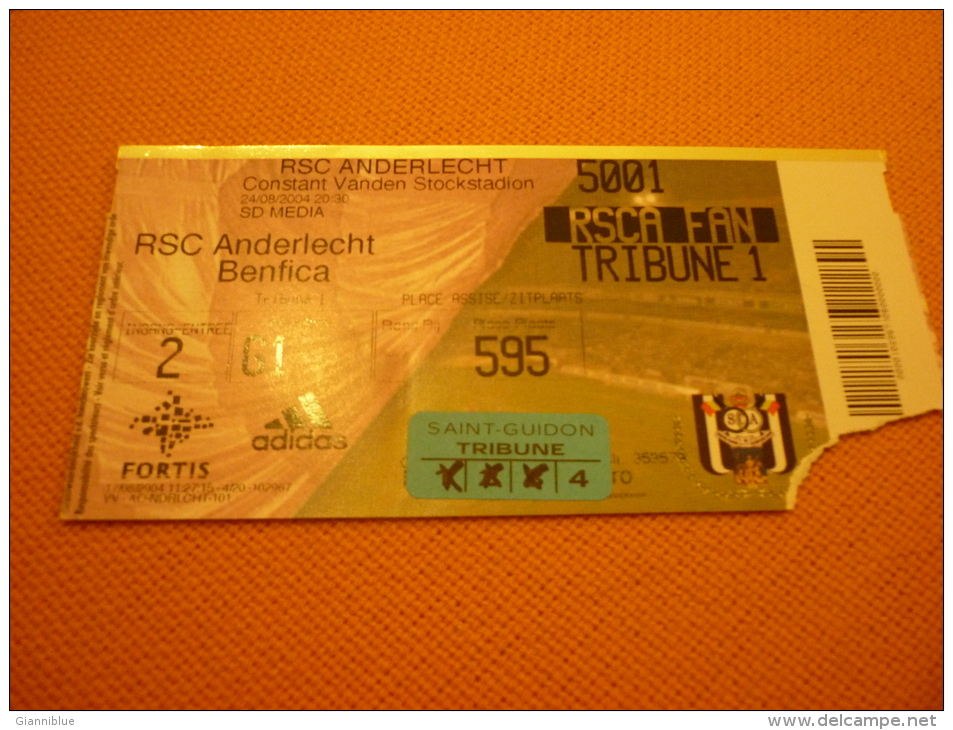 RSC Anderlecht-Benfica Football Match Ticket Stub 24/08/2004 - Biglietti D'ingresso
