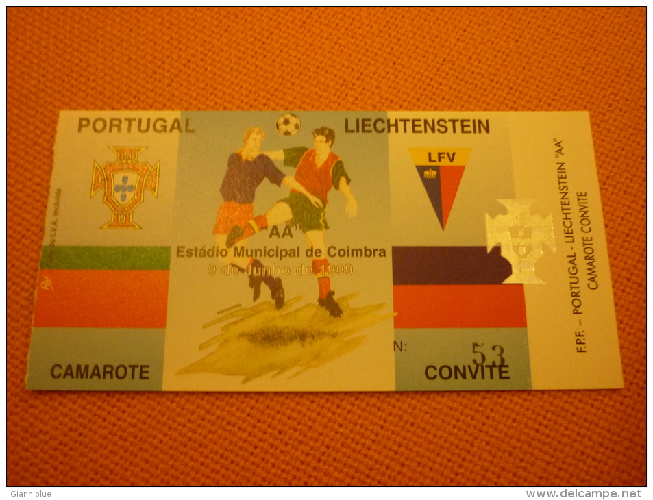 Portugal-Liechtenstein Football Match Ticket Stub 09/06/1999 - Tickets D'entrée