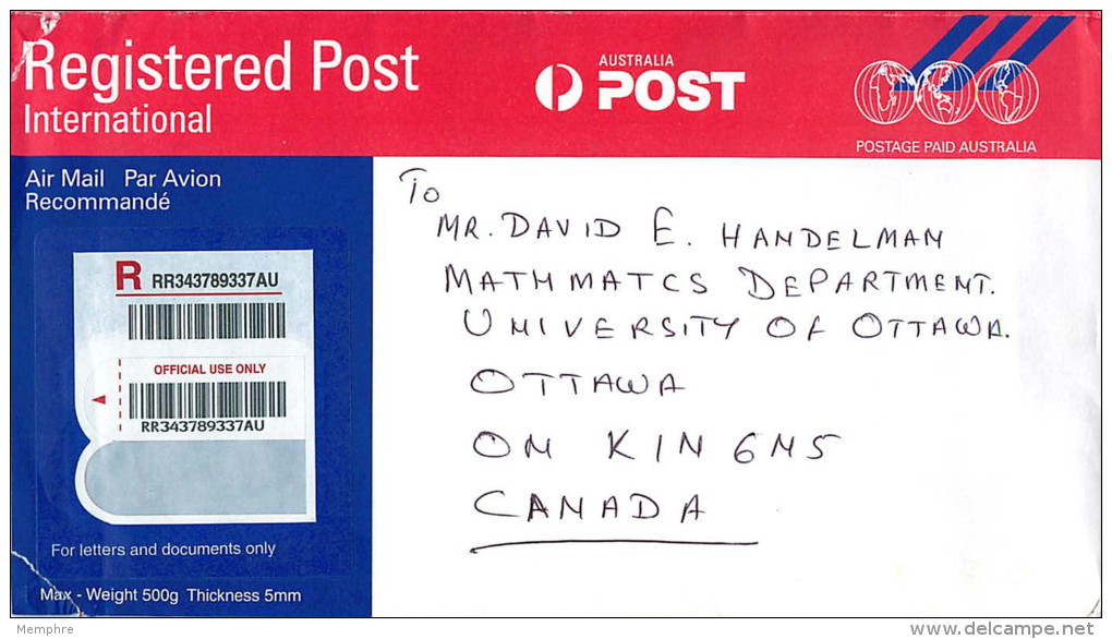 International Registered Post Envelope  To 500g.  Used To Canada - Postwaardestukken