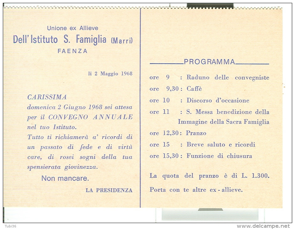 UNIONE EX ALLIEVE RITIRO SACRA FAMIGLIA "MARRI", FAENZA, CARTOLINA INVITO  CONVEGNO ANNUALE 1968, - Faenza