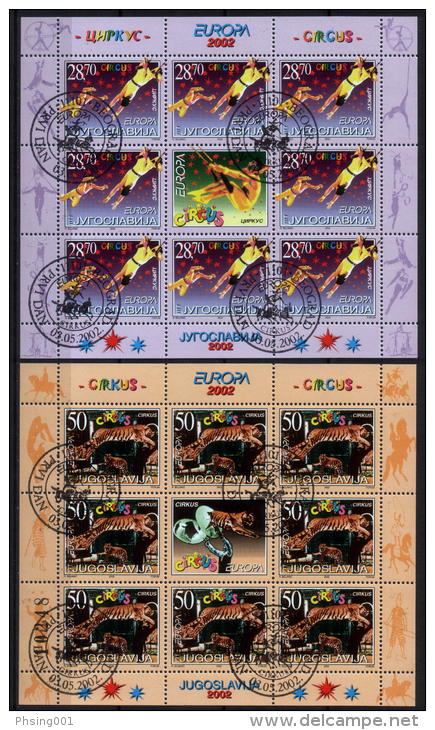 Yugoslavia 2002 Europa Circus, Tiger,  Animals, Mini Sheet USED By First Day Cancelation - Gebruikt