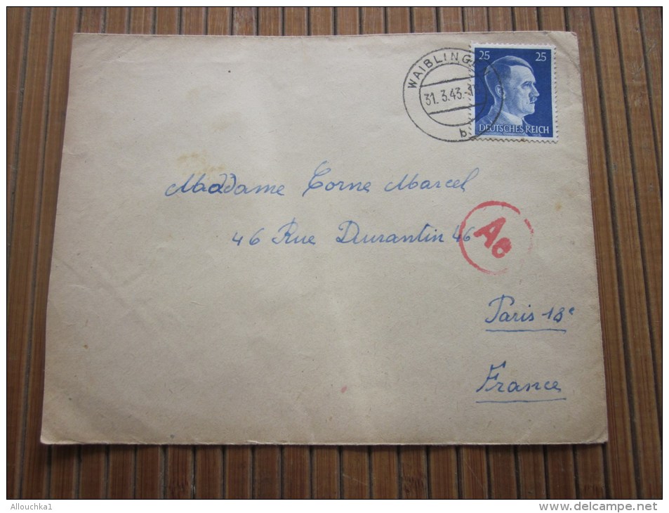 Cover + Mail Zensurbf  &gt;Metzerl Cie Wailingen 31/3/1943 STO Pflichtpraktika Service  Deutschland&gt;pour Fur  Paris - Briefe U. Dokumente