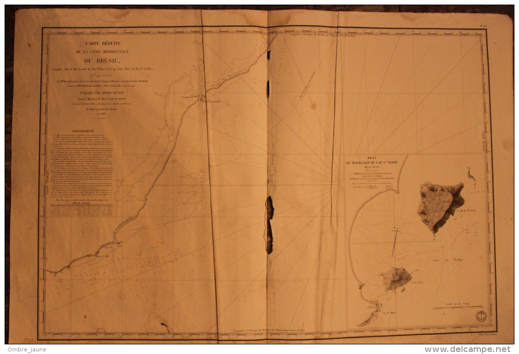 Carte Marine  1833 -  Cote  Du BRESIL - Entre Le Rio Grande De San Pedro Et Le Cap Sainte Marie Du Rio   -  89cm X 60 Cm - Cartes Marines