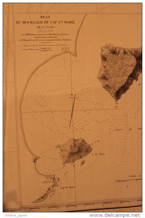 Carte Marine  1833 -  Cote  Du BRESIL - Entre Le Rio Grande De San Pedro Et Le Cap Sainte Marie Du Rio   -  89cm X 60 Cm - Carte Nautiche