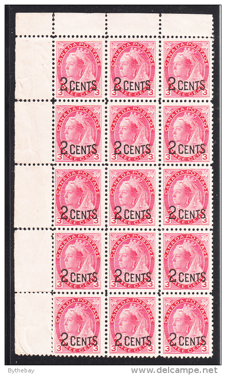 Canada MNH Scott #88 2c On 3c Victoria Numeral Upper Left Margin Block Of 15 - Unused Stamps