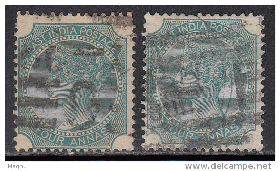 British East India Used 1866, Four  Annas  Shades,  Elephant Wartermark, - 1858-79 Kronenkolonie