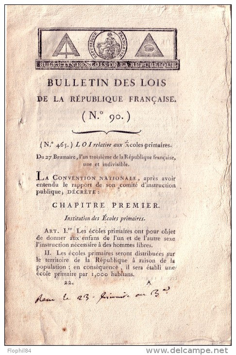 CONVENTION NATIONALE - BULLETIN DES LOIS RELATIF AUX ECOLES PRIMAIRES. - Décrets & Lois