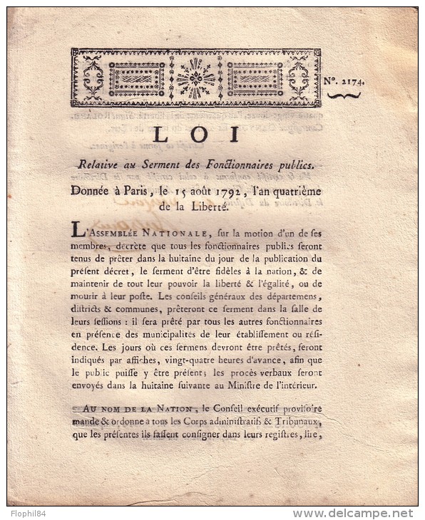 LOI RELATIVE AUX SERMENTS DES FONCTIONNAIRES PUBLICS PARIS LE 15 AOUT 1792. - Wetten & Decreten