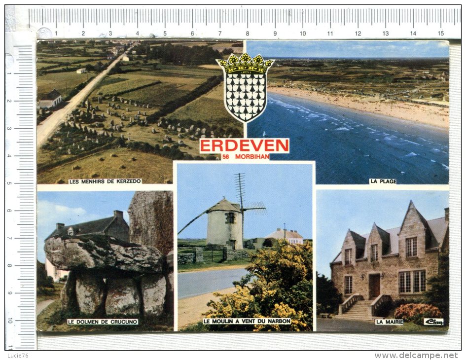 ERDEVEN -  5 Vues : Menhirs De Kerzedo, Plage, Dolmen De Crucuno, Moulin à Vent De Narbon, Mairie - Erdeven