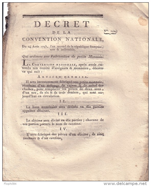 DECRET DE LA CONVENTION NATIONALE QUI ORDONNE UNE FABRICATION DE PETITE MONNOIE LE 24 AOUT 1793. - Decreti & Leggi