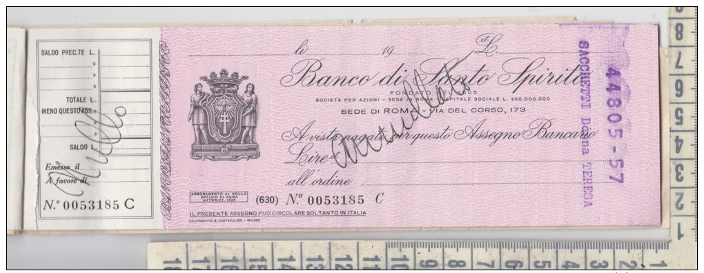 Assegno Bancario Banco Di Santo Spirito Annullato 1960 - Altri & Non Classificati