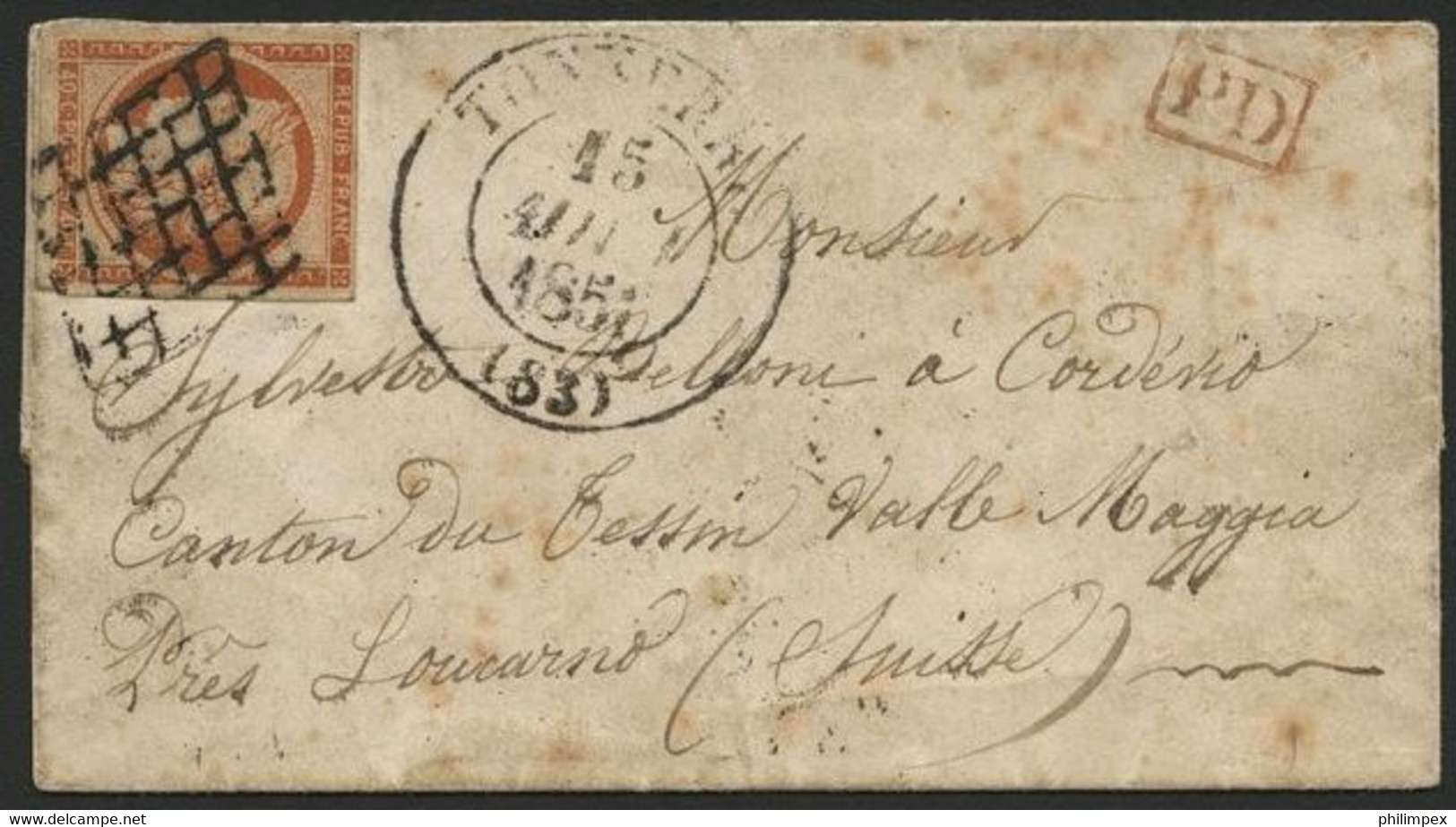 FRANCE, 40 CENTIMES INTERESTING LETTER FROM TONNERRE TO CODERIO 1851 - RARE USE ABROAD! - 1849-1850 Cérès