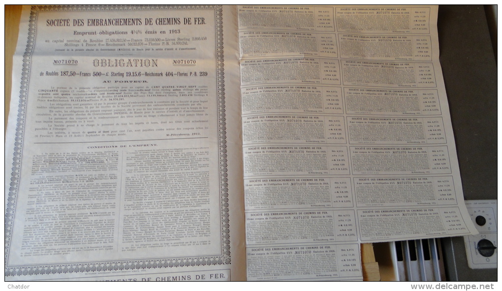 Russie 1913 Société Des Embranchements De Chemins De Fer  Obligation De 187,50 Roubles - P - R