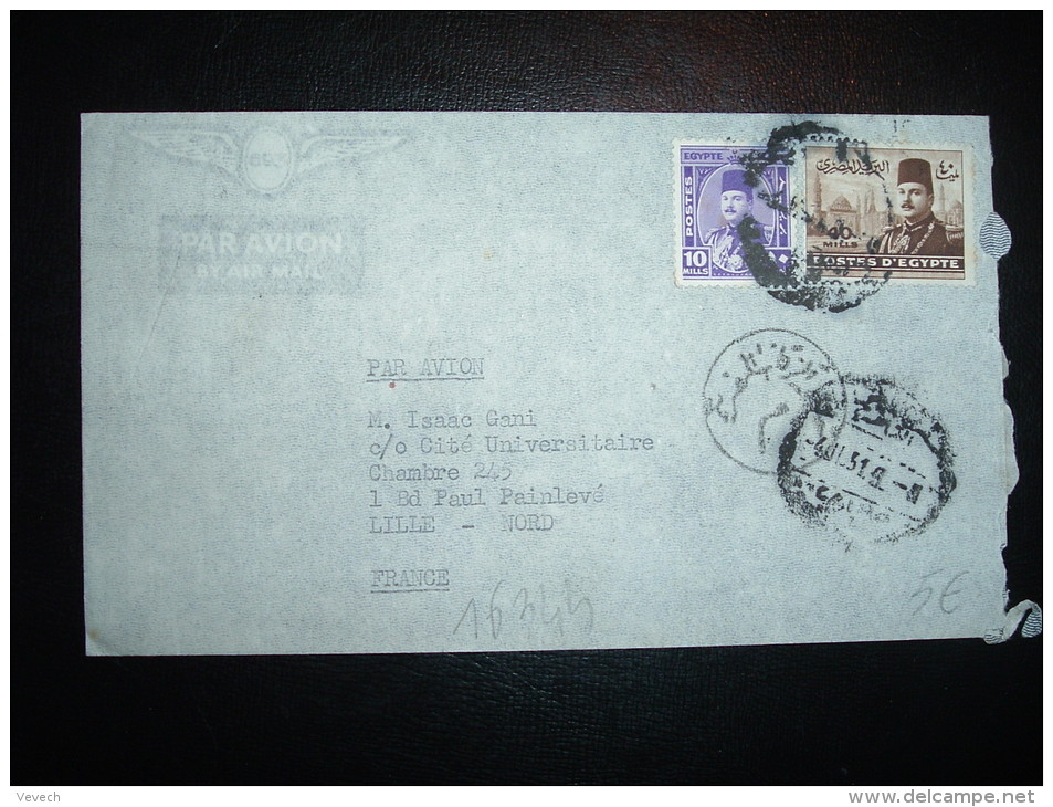 LETTRE PAR AVION POUR LA FRANCE TP 40M + 10M OBL. 4 JL 51 CAIRO + CENSURE - Storia Postale