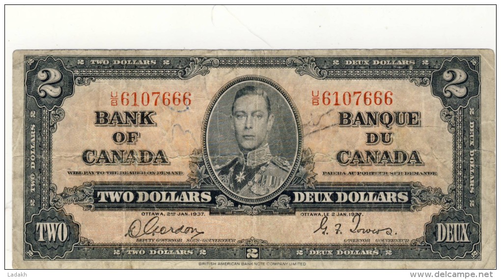 BILLET # CANADA # 1937 # PICK 59 # DEUX DOLLARS  # CIRCULE # - Kanada